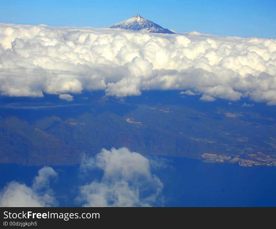 A view of mount Teide in Tenerife from a plane just about to land.