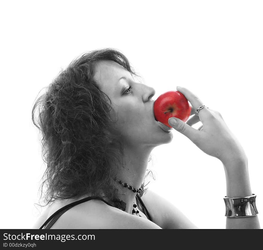 Girl with an apple on a white background