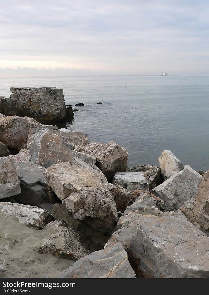 A group of rocks used as a defence against the sea in the port of Viareggio. A group of rocks used as a defence against the sea in the port of Viareggio