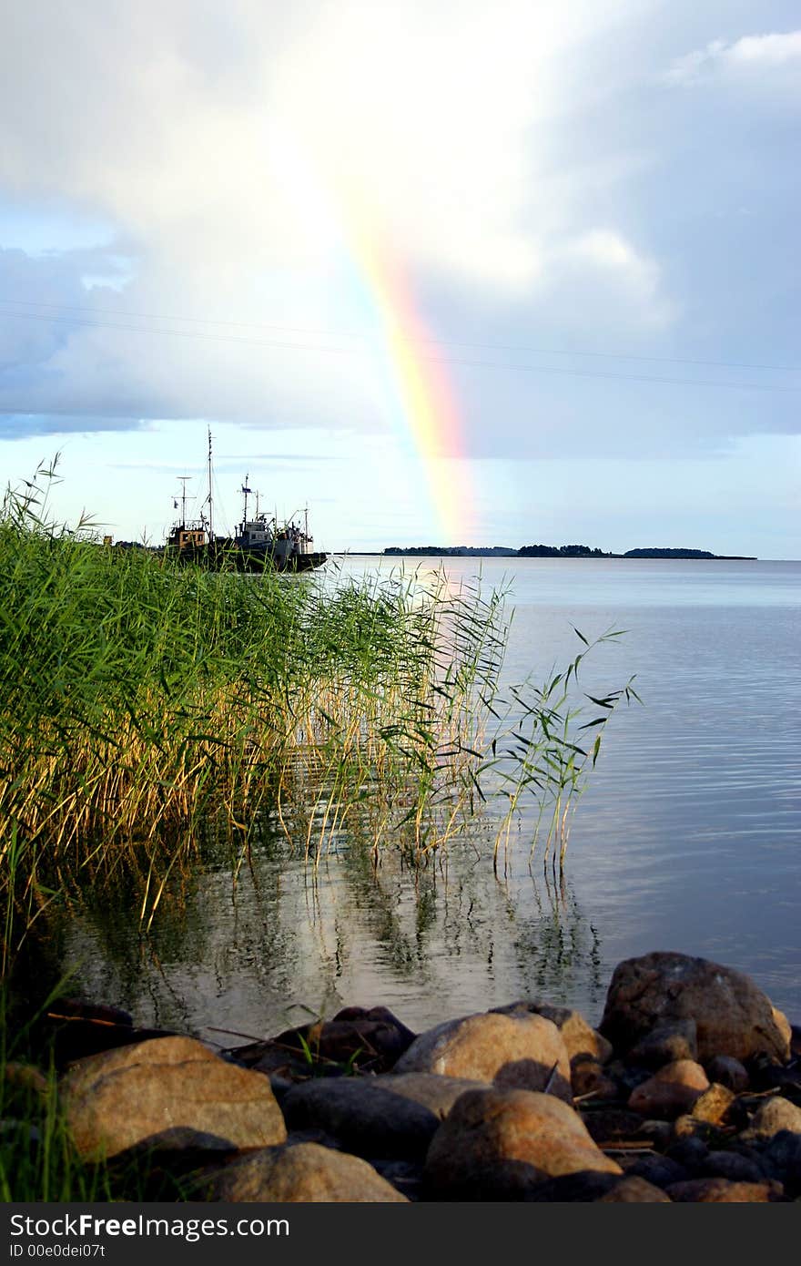 Lake Ladoga. A rainbow.