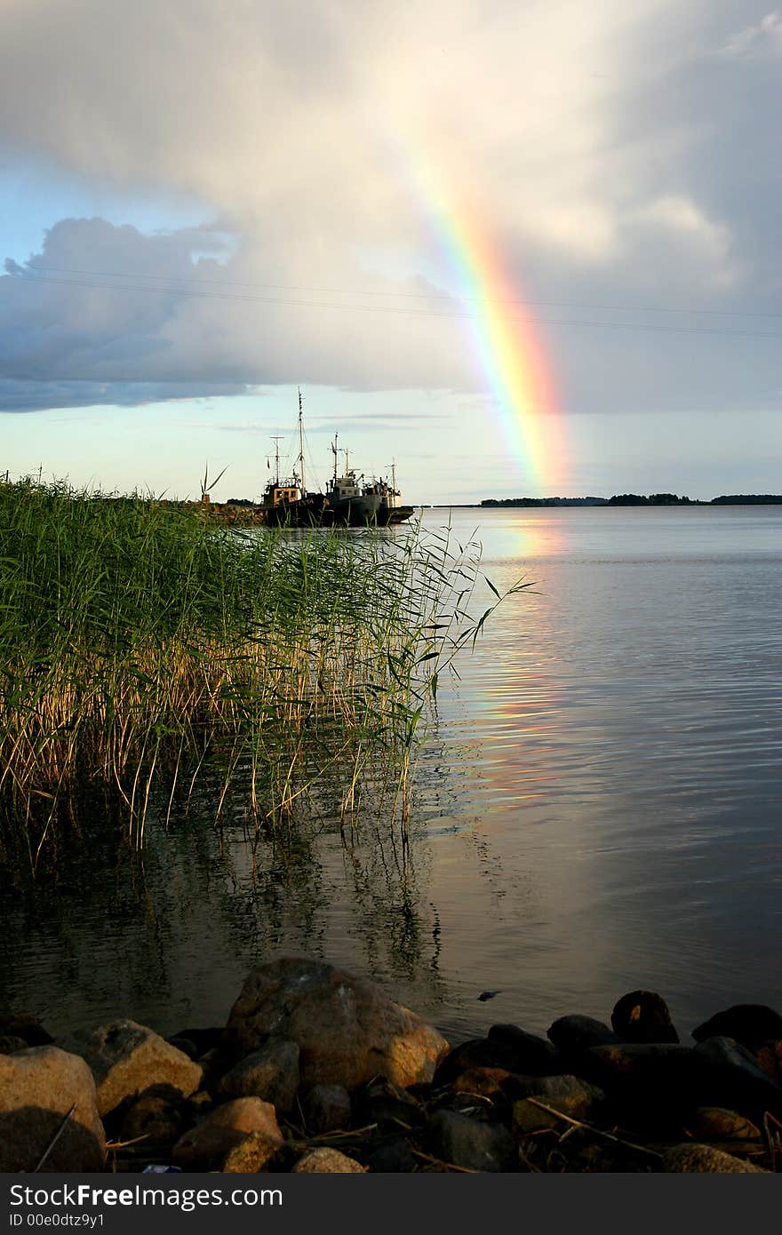 Lake Ladoga. A rainbow.