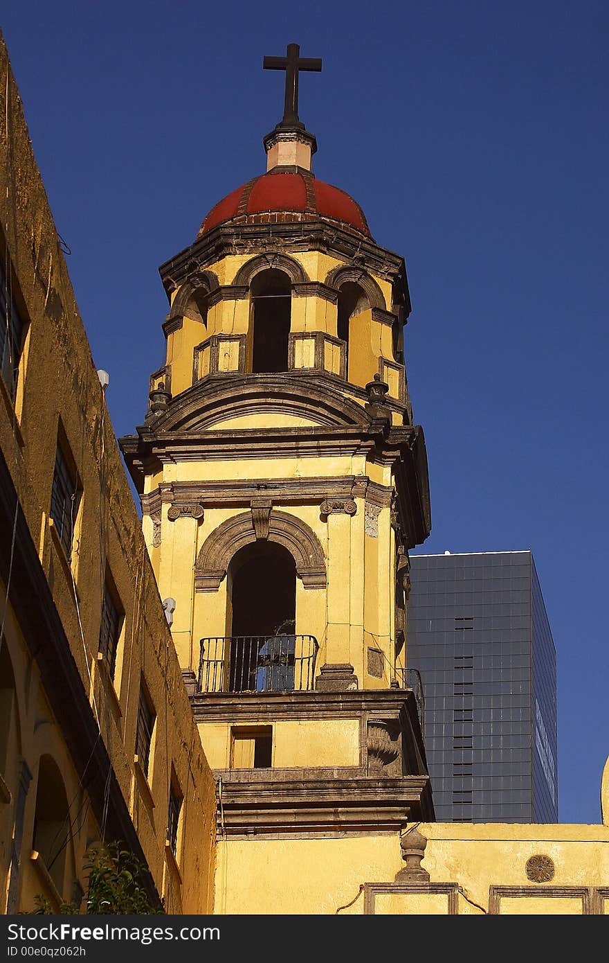 Partial view of the tower of a colonial building, the Viceroyal painting gallery down town Mexico city, Mexico, Latin America. Partial view of the tower of a colonial building, the Viceroyal painting gallery down town Mexico city, Mexico, Latin America