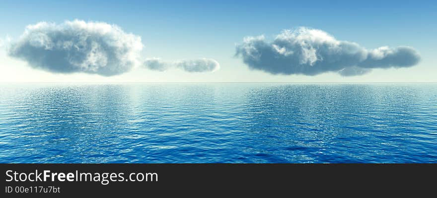 Big sky clouds over still blue water - digital artwork. Big sky clouds over still blue water - digital artwork