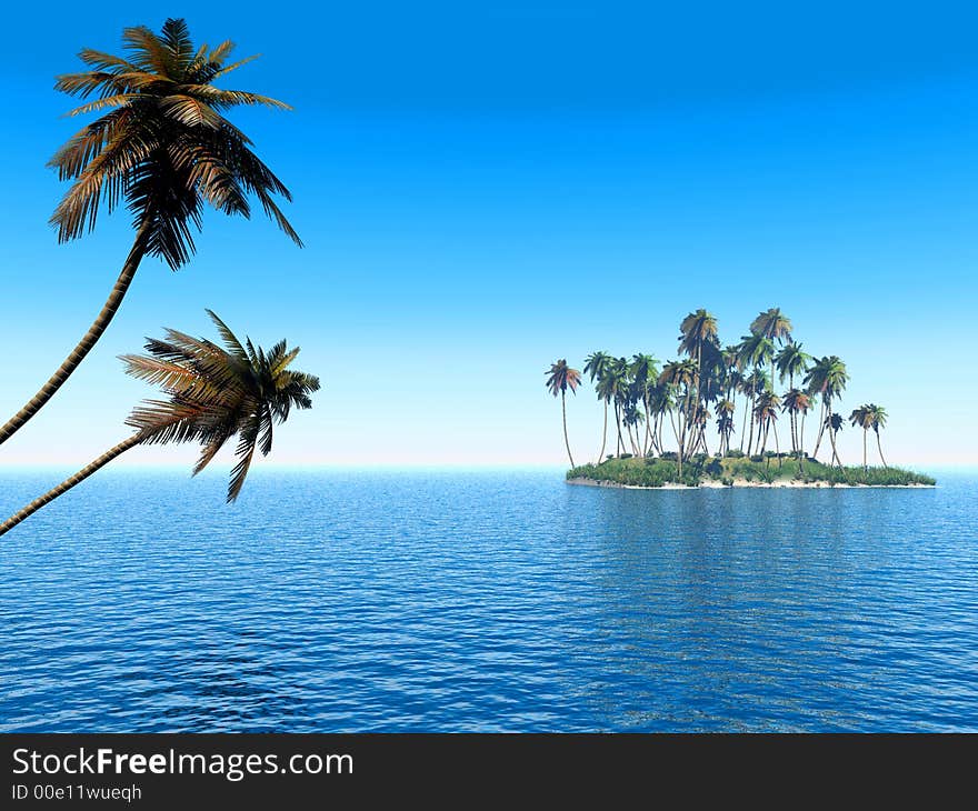 Two coconut palms and green island - 3D scene. Two coconut palms and green island - 3D scene.