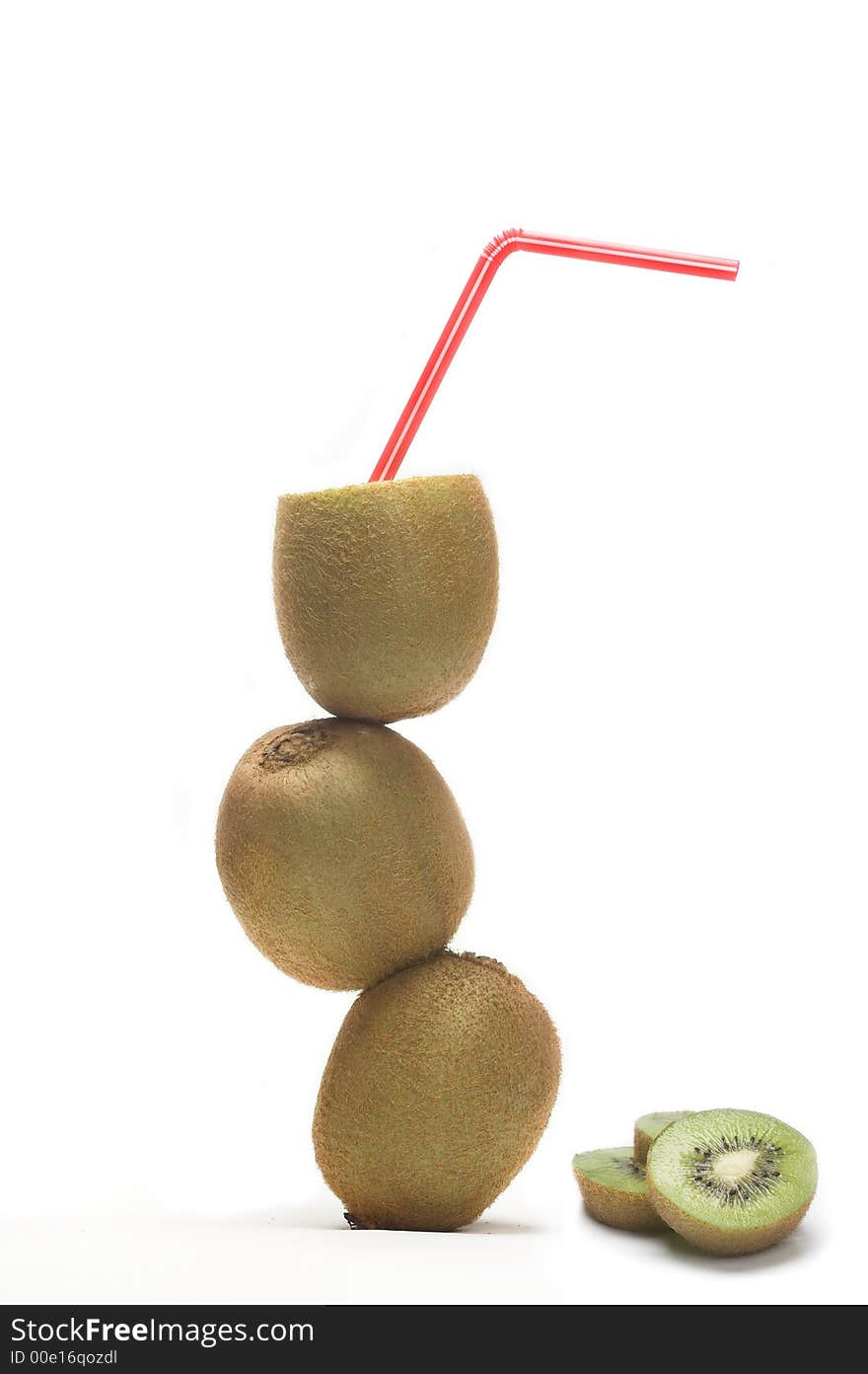 Kiwi with straw on white background