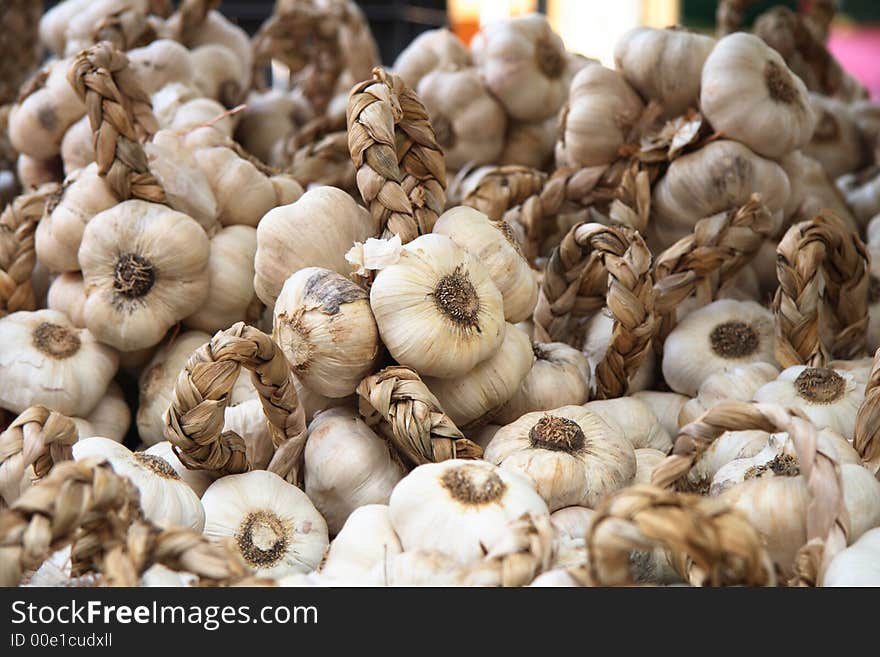 Fresh garlic in bunches on the market