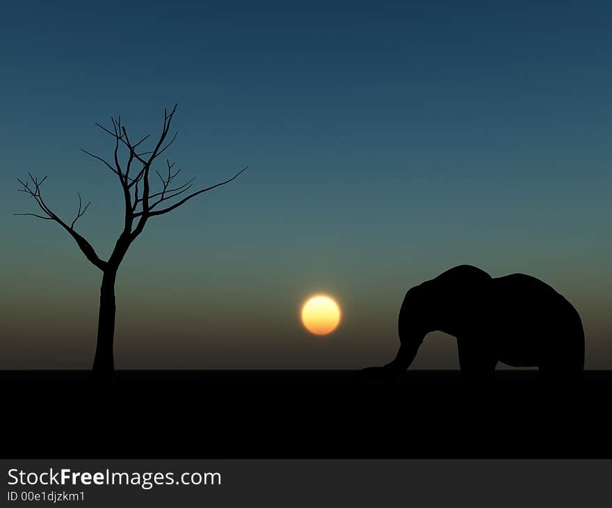 An image of an elephant silhouette with a African sky background. An image of an elephant silhouette with a African sky background.