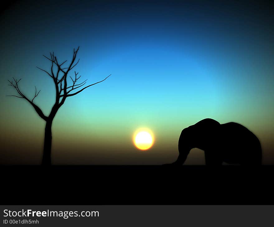 An image of an elephant silhouette with a African sky background. An image of an elephant silhouette with a African sky background.