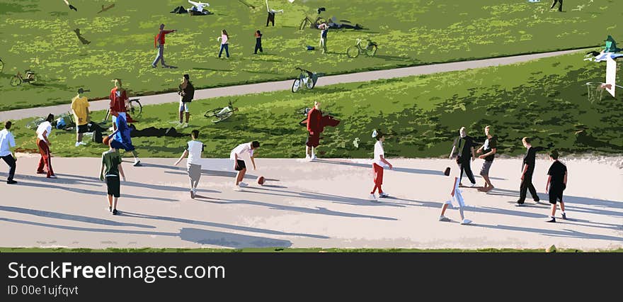 Some guys are playing basketball in the sunny park at spring. To avoid recognizable faces i have turned the image into an illustration. Some guys are playing basketball in the sunny park at spring. To avoid recognizable faces i have turned the image into an illustration