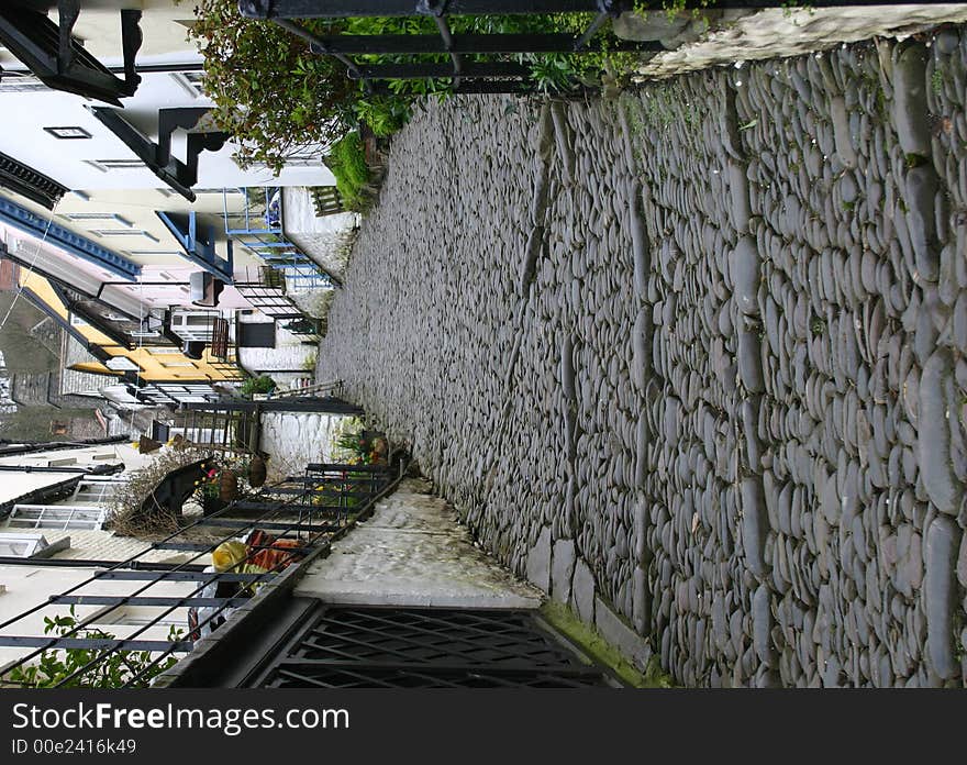 Long cobbled steep steps in a village street