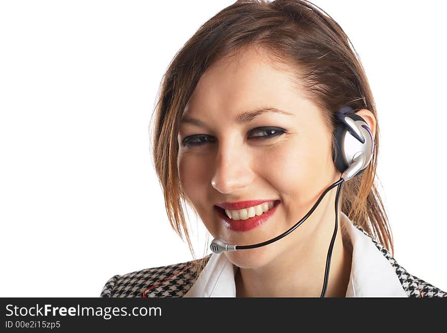 Beautiful Customer Representative with headset laughing during a telephone conversation