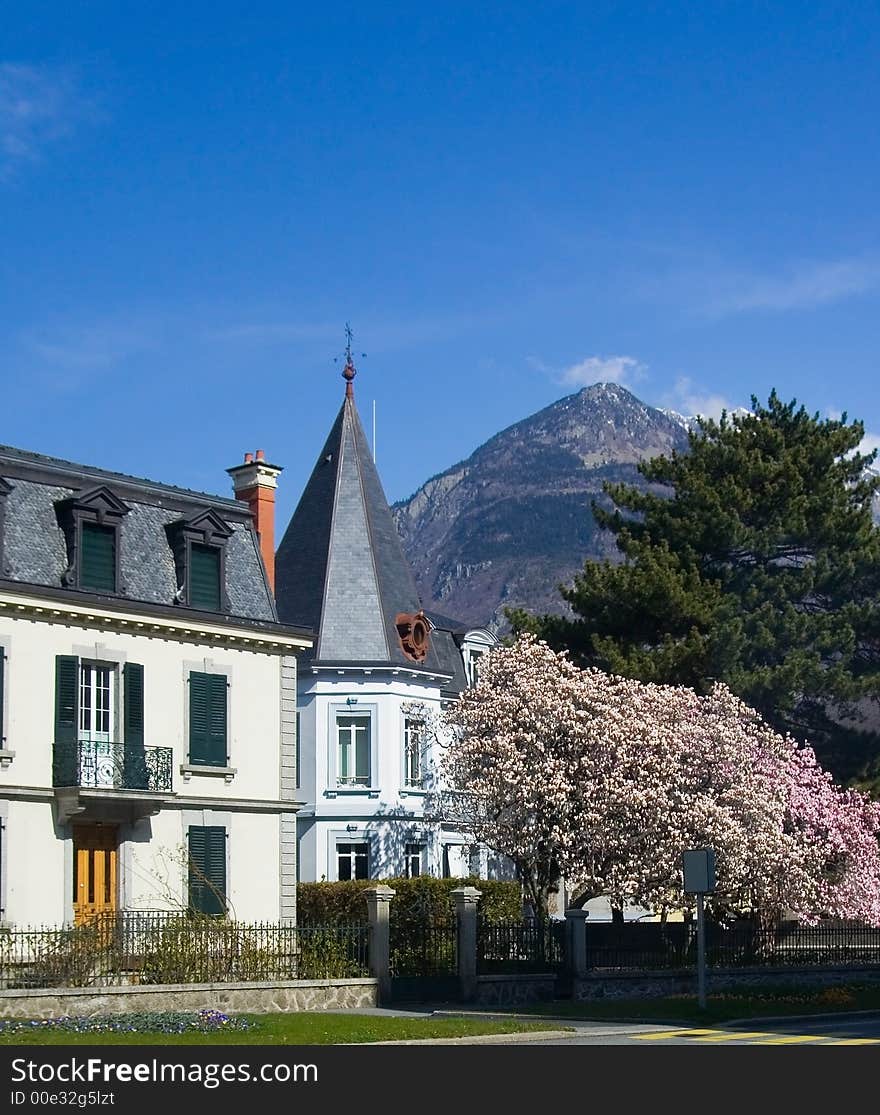 Beautiful Swiss chalet near a mountain. Beautiful Swiss chalet near a mountain