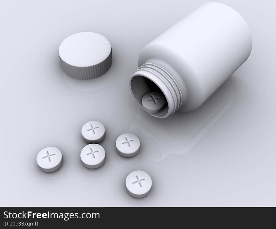 Six medicine pills and a bottle on white background- 3d render