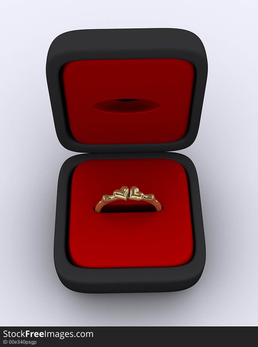 Gold ring with two hearts in a red box, over white. Gold ring with two hearts in a red box, over white