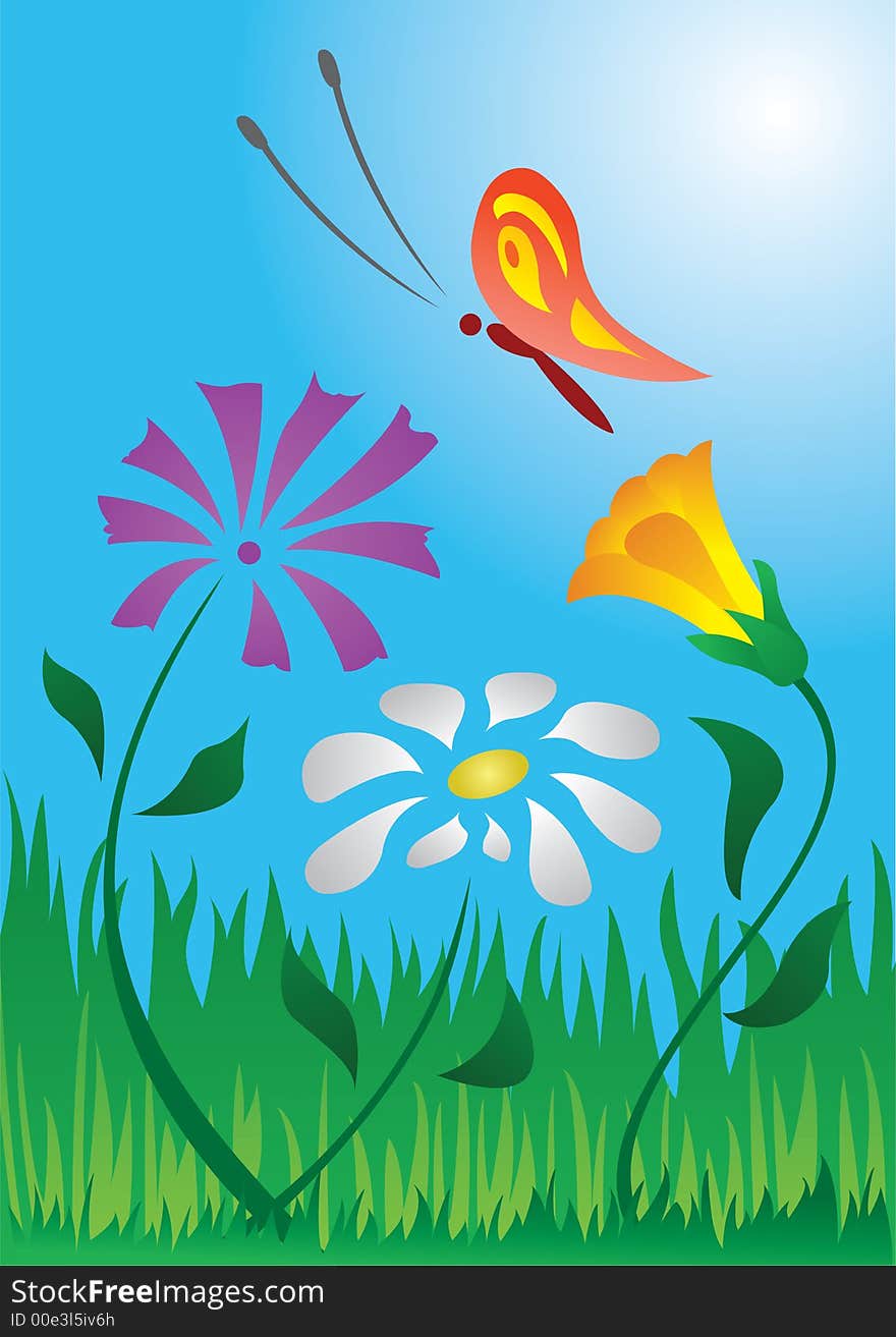 The vector image of the butterfly, flowers and grasses. The vector image of the butterfly, flowers and grasses