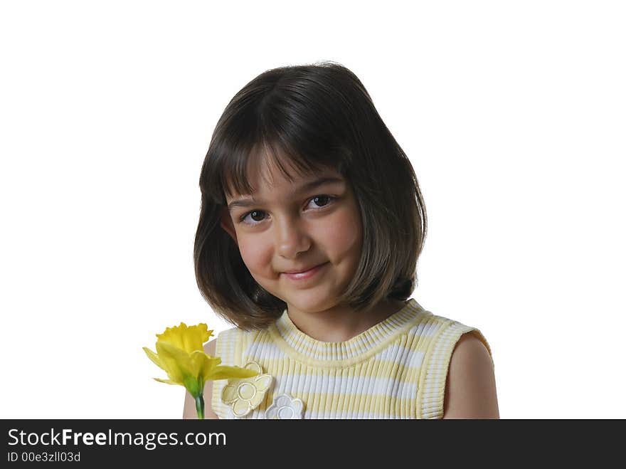 Pretty girl holds a daffodil flower. Pretty girl holds a daffodil flower