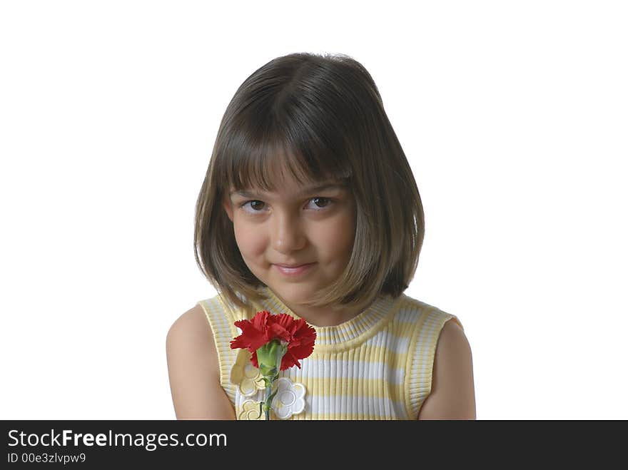 Pretty young girl holds a red carnation. Pretty young girl holds a red carnation