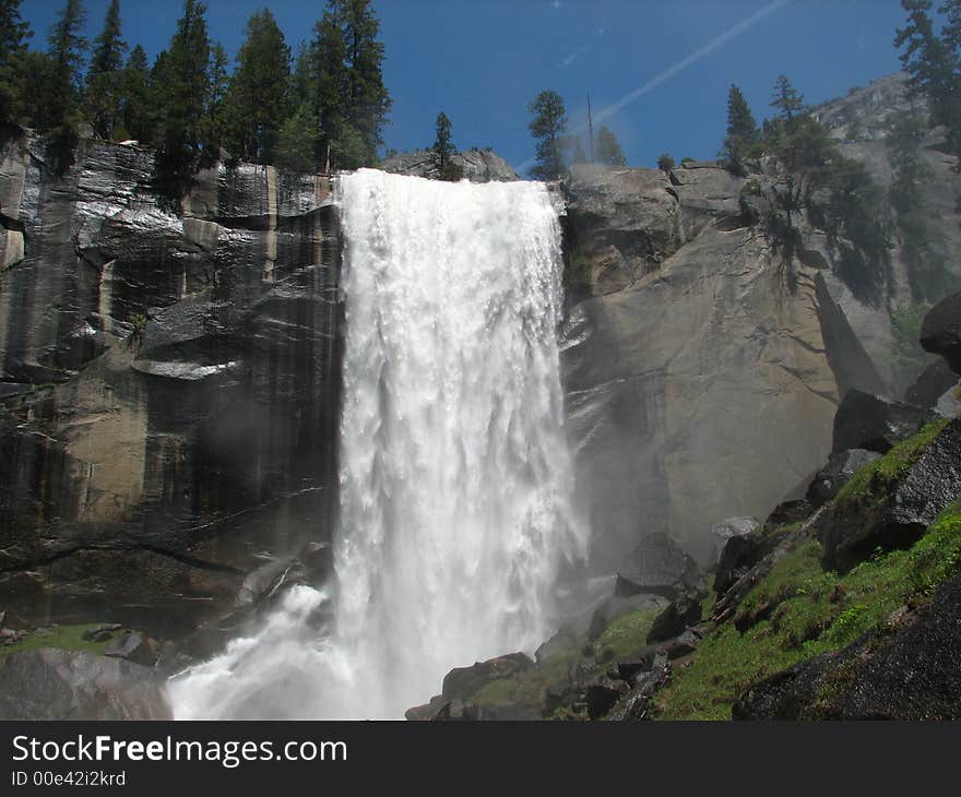 The Merced River drops dramatically here and at Vernal Fall below on its way to Yosemite Valley. The Merced River drops dramatically here and at Vernal Fall below on its way to Yosemite Valley