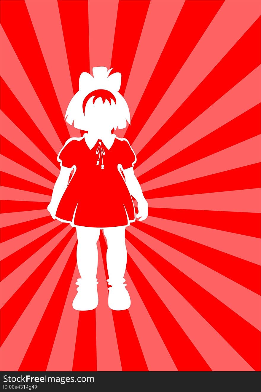 White silhouette of the little girl on a red striped background.