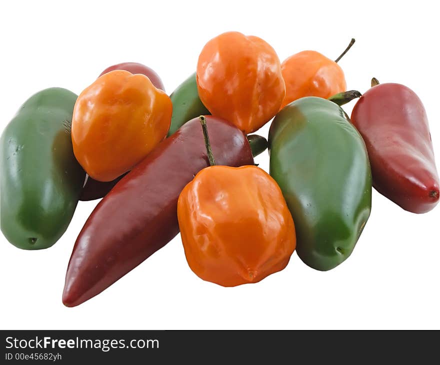 Photo of many peppers isolated on white