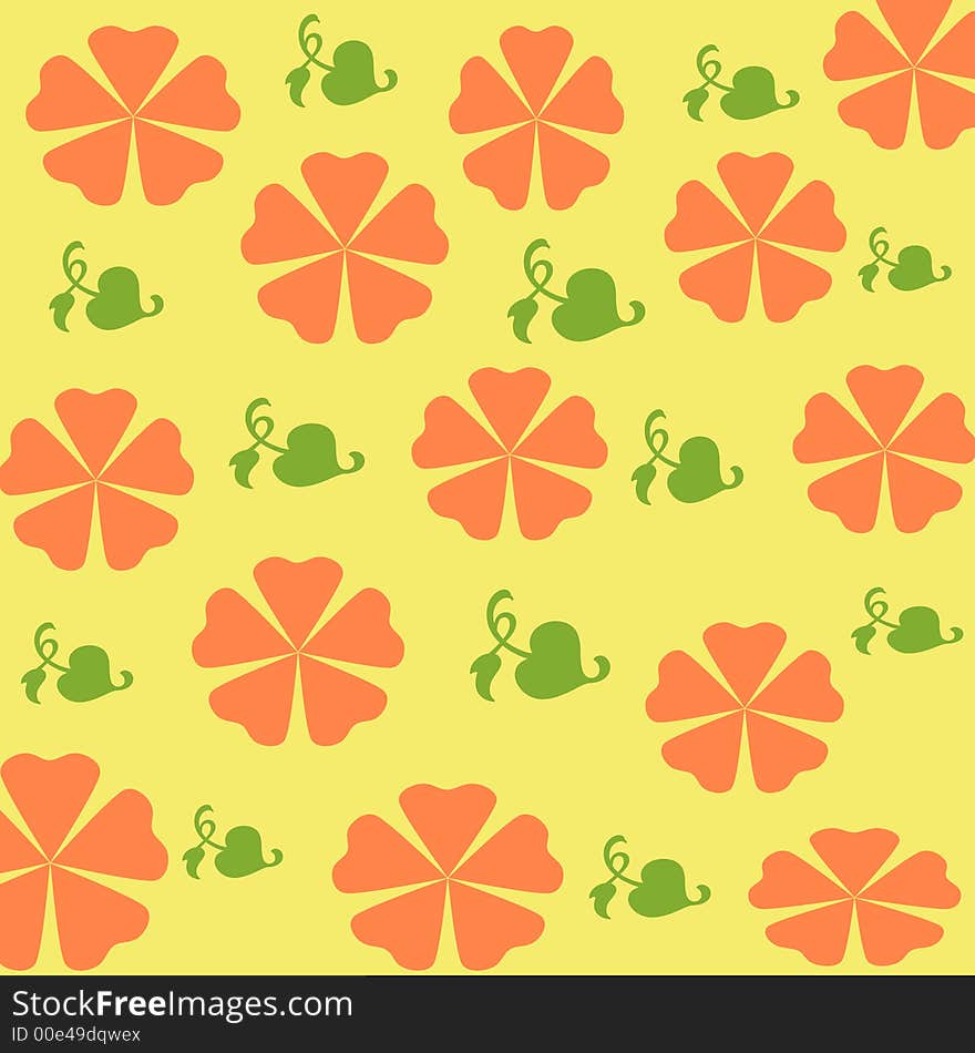 Orange flowers and leaves scattered on yellow background. Orange flowers and leaves scattered on yellow background