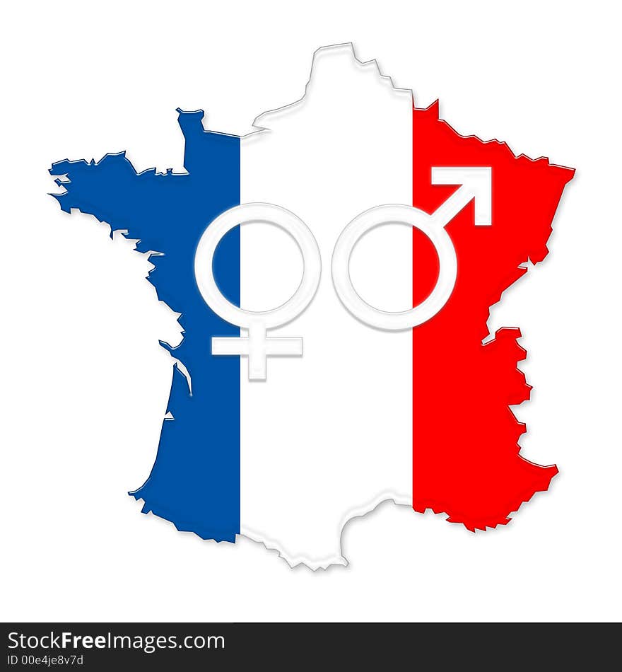 French flag on map of france with male and female symbol. French flag on map of france with male and female symbol