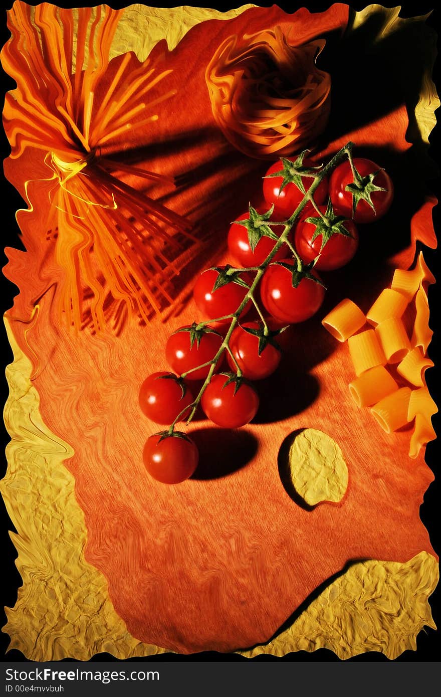 Artistic composition pasta and tomatoes, simulation polaroid transfer