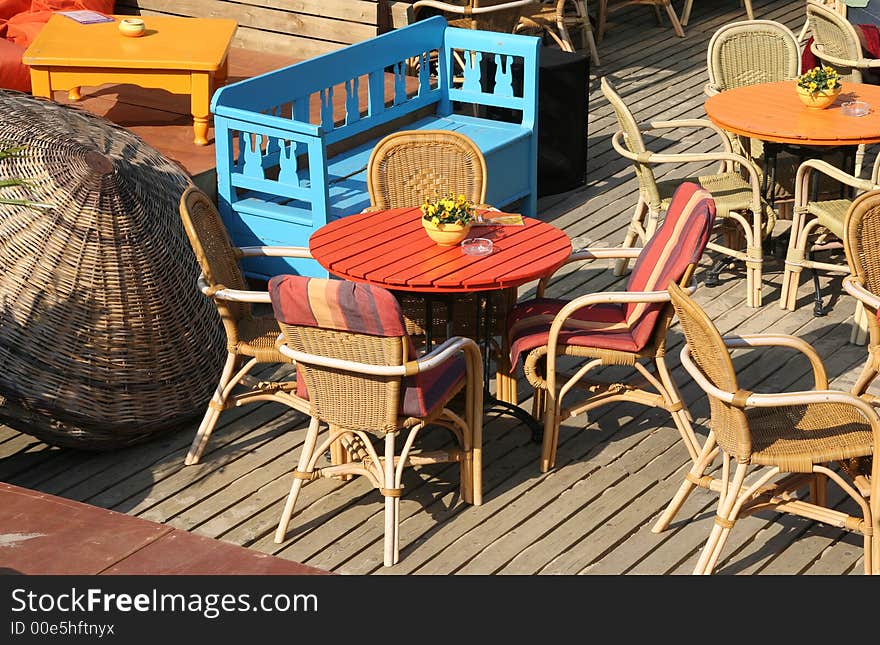 Colourful tables and chairs at a cafe/restaurant. Colourful tables and chairs at a cafe/restaurant