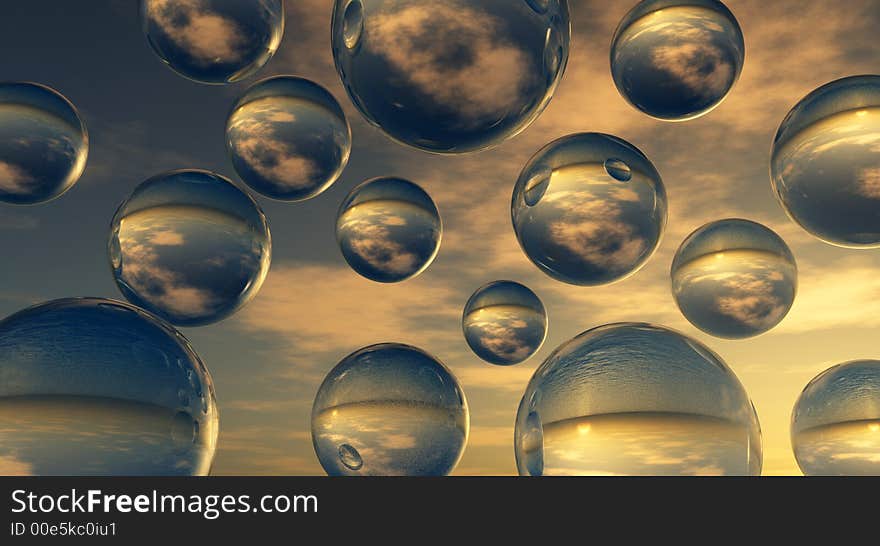 Abstract 3D composition - drops set on sunset sky background. Abstract 3D composition - drops set on sunset sky background.