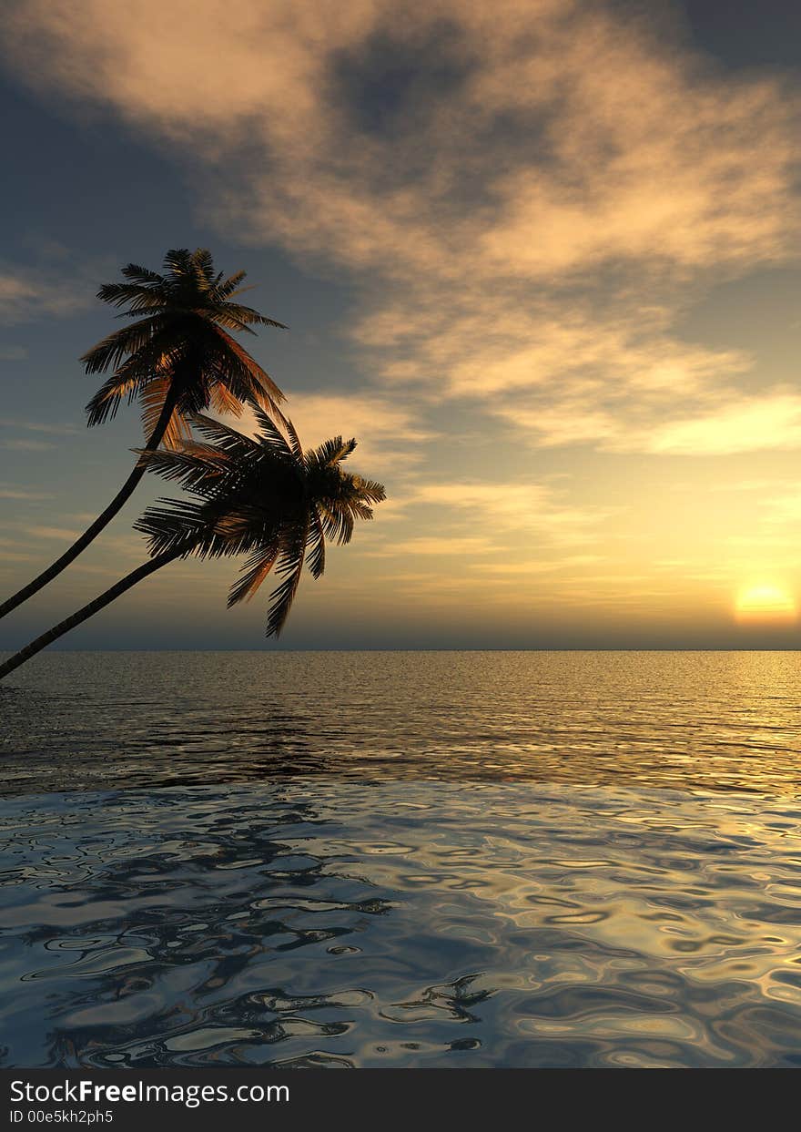 Sunset coconut palm trees on a beach - 3d illustration. Sunset coconut palm trees on a beach - 3d illustration.