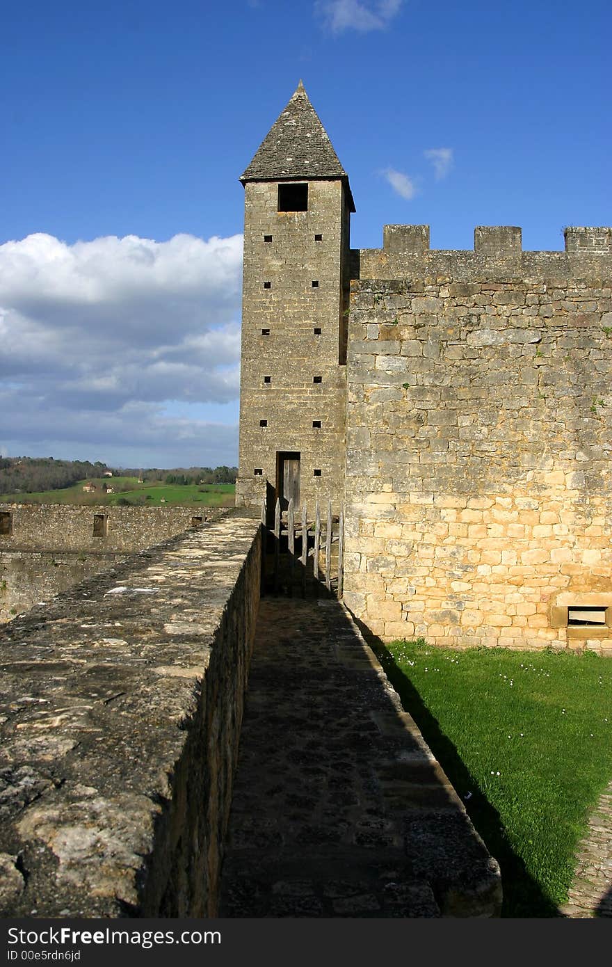 Photo of a tower at Beynac Castle in Perigord, France. Photo of a tower at Beynac Castle in Perigord, France
