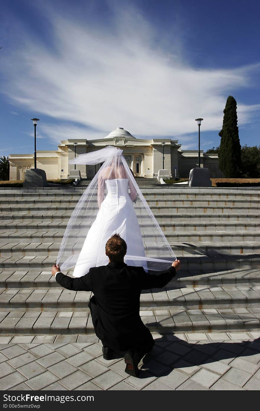 Groom holding brides veil while kneeling from behind. Groom holding brides veil while kneeling from behind