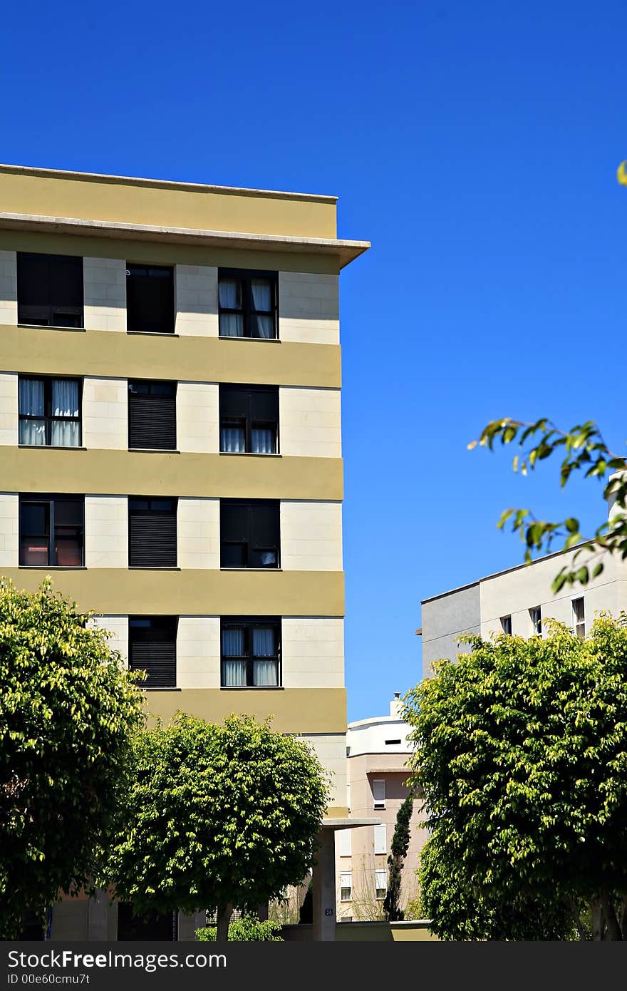 European city urban buildings apartaments on blue sky