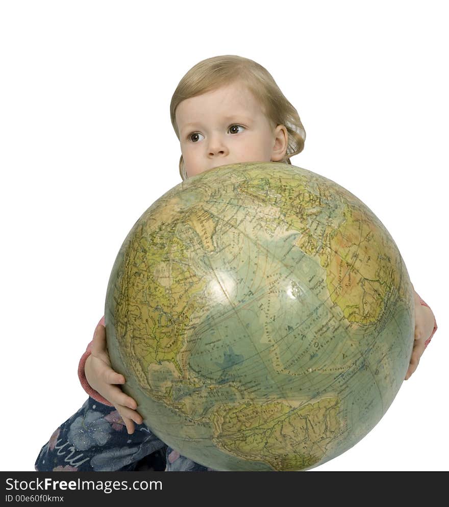 Baby and globe, little girl