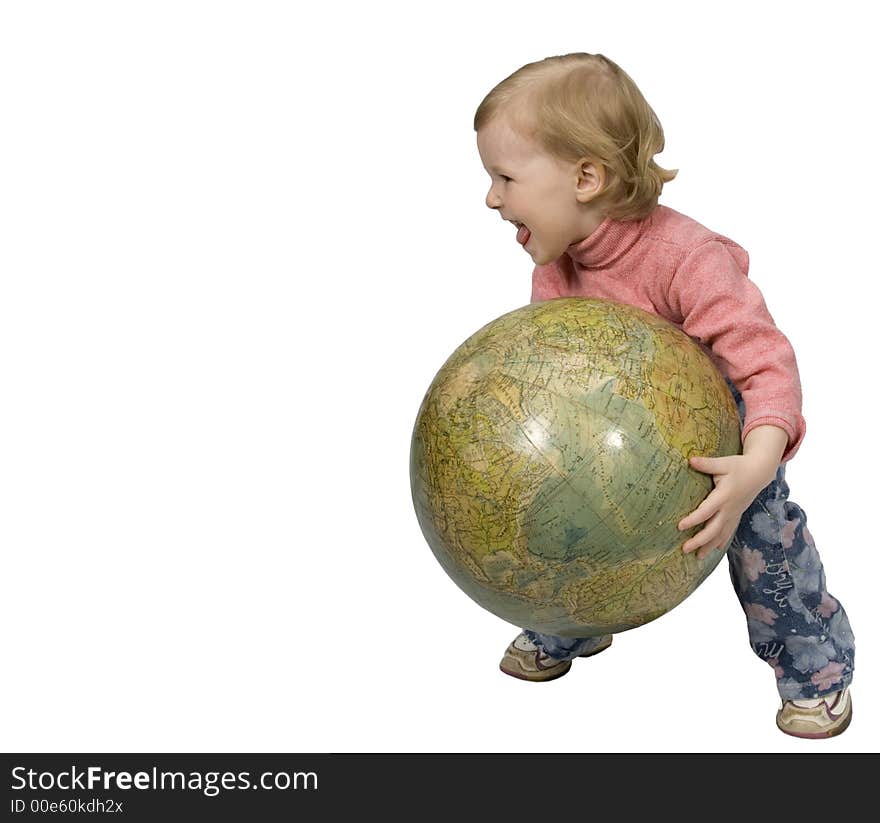 Baby and globe, little girl