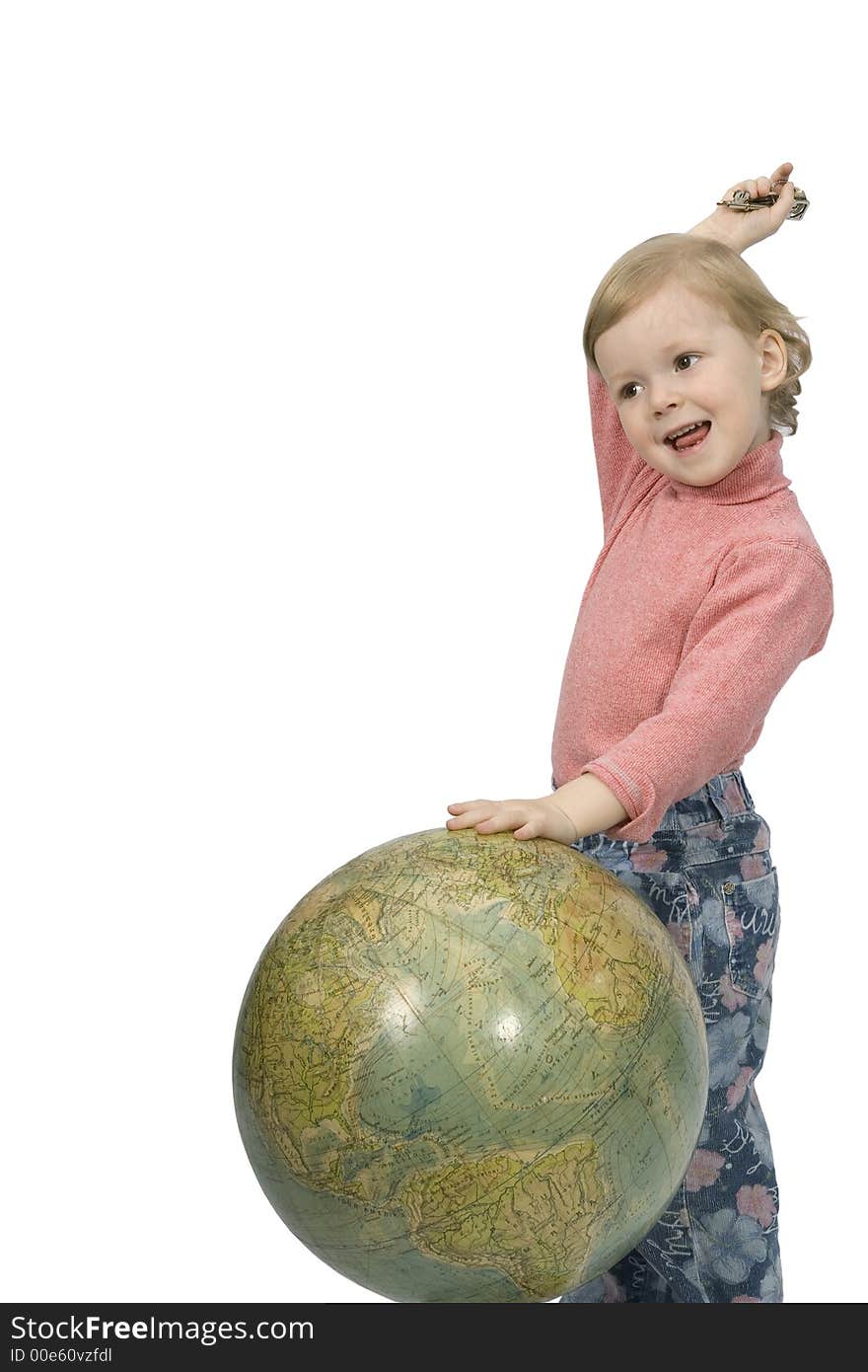 Baby and globe, little girl