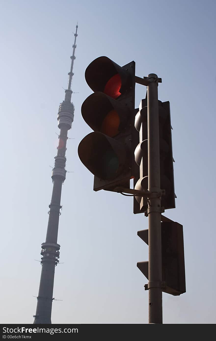 The television tower &  the traffic light. Ostankino. Moscow. The television tower &  the traffic light. Ostankino. Moscow