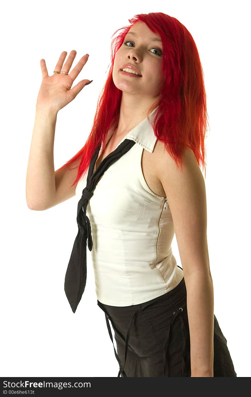 Pretty redhead girl raising hand smiling isolated on white