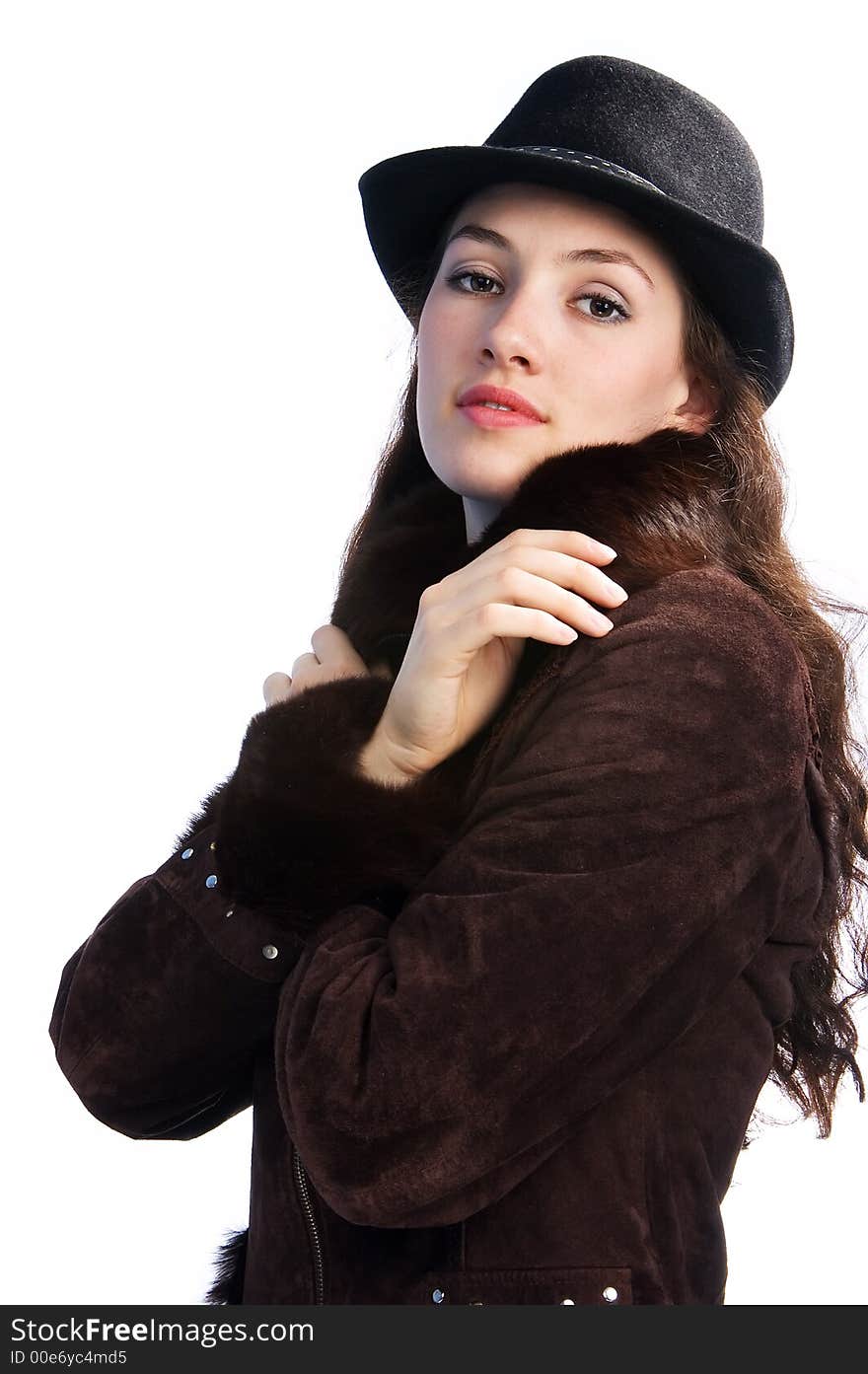 White girl with jacket and hat on the white background. White girl with jacket and hat on the white background