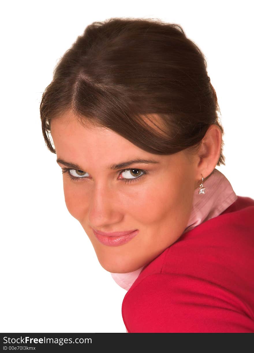 Professional young white lady looking at me,red sweater/ jersey, pink top looking at the camera. White isolated back ground. Professional young white lady looking at me,red sweater/ jersey, pink top looking at the camera. White isolated back ground.