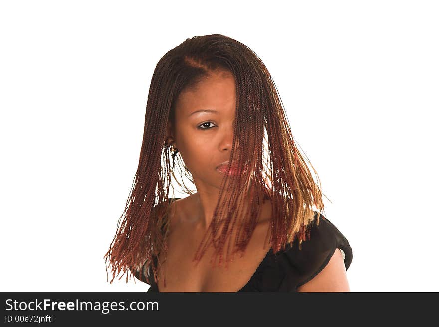 Professional young black South African lady business woman in black dress waving her dread locks. White isolated background. Professional young black South African lady business woman in black dress waving her dread locks. White isolated background.