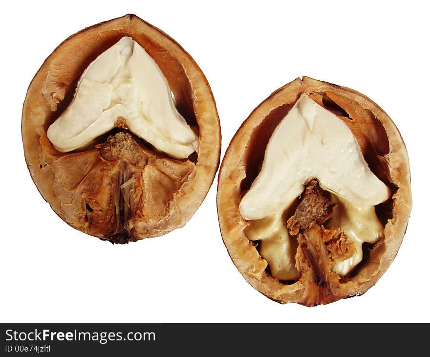 Two halves of cracked walnut - isolated on white background