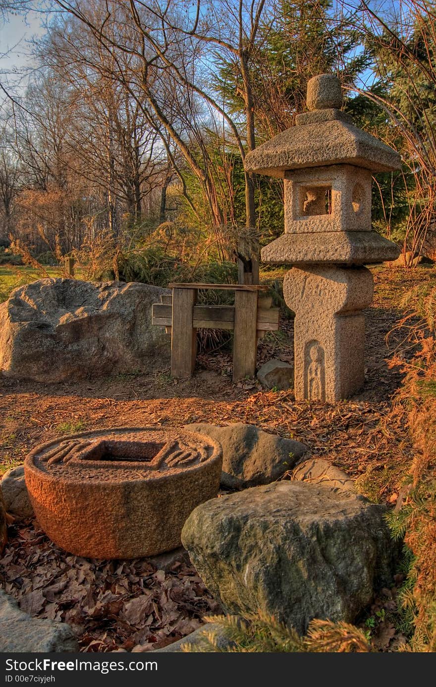 OLD Japanese waterfall under evening sun light. OLD Japanese waterfall under evening sun light