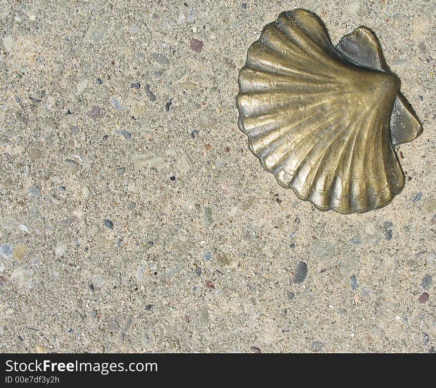 Brass seashell set in pebbled concrete