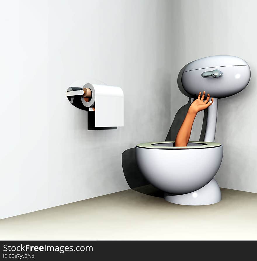 An image of a hand coming out of a loo within a bathroom. An image of a hand coming out of a loo within a bathroom.