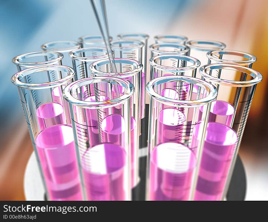 Circular rack of analysis test tubes, violet liquid. Circular rack of analysis test tubes, violet liquid