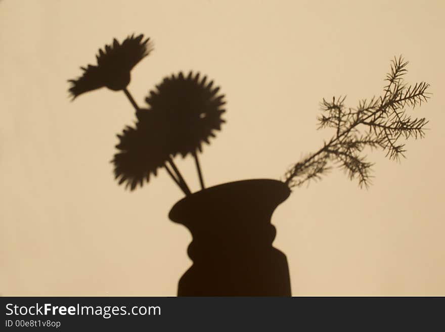 Shadow silhouettes of flowers in the vase on beige background. Shadow silhouettes of flowers in the vase on beige background