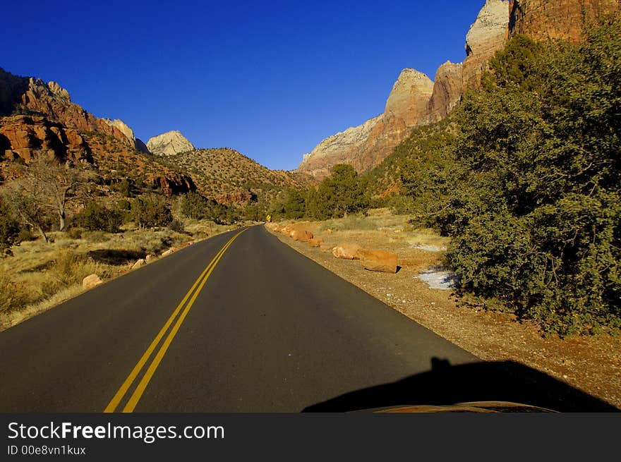 Driving in Zion National park in Southern Utah in the western United States.