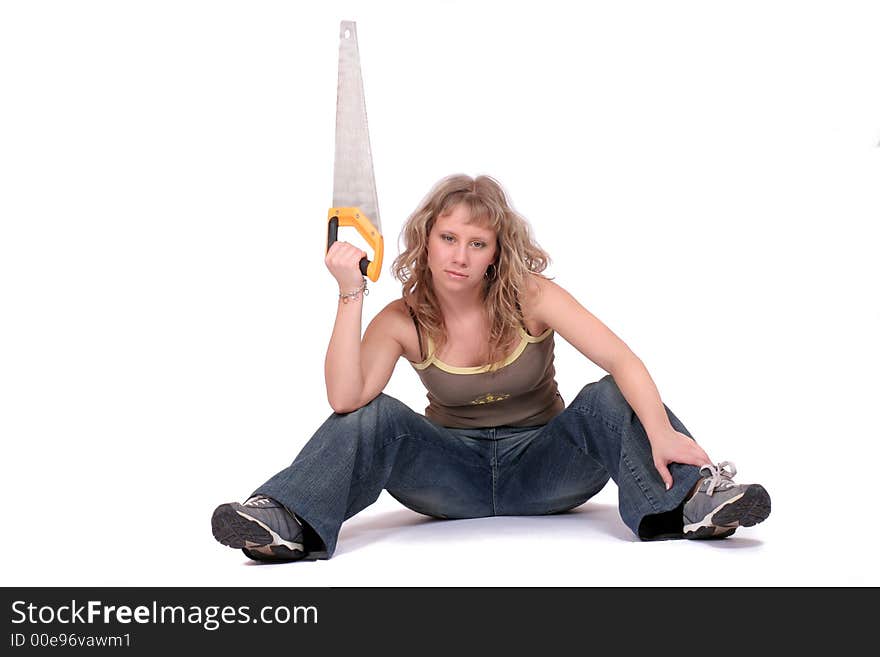 Woman sitting with a saw