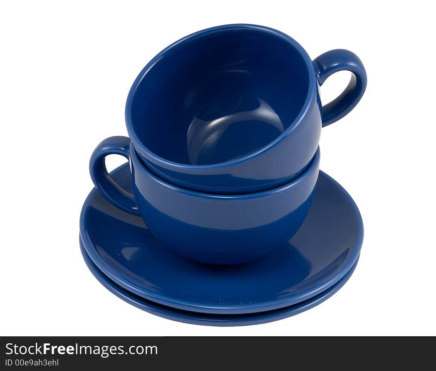 Two blue tea cups, isolated on white, clipping path included